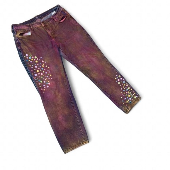 Denim - Whimsical Hot Pink gold chunky pastel rhinestone jeans.Upcycled. Ladies 12.‎